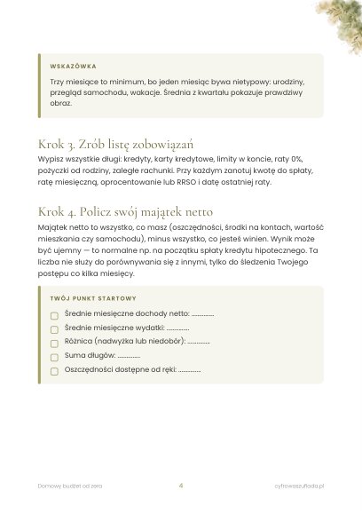 Domowy budżet od zera — poradnik z planem na 30 dni (e-book) — przykładowa strona