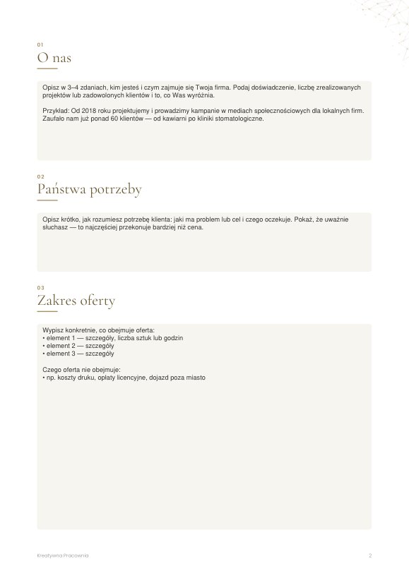 Oferta handlowa — szablon Word i edytowalny PDF — przykładowa strona
