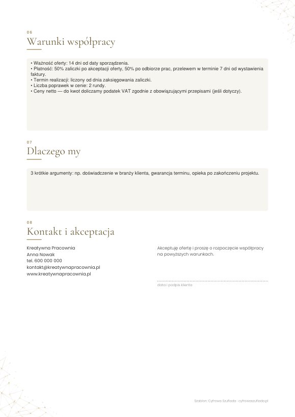 Oferta handlowa — szablon Word i edytowalny PDF — przykładowa strona