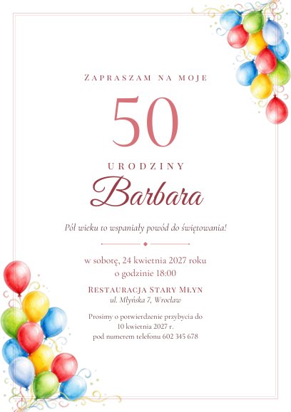 Zaproszenie na jubileusz — 30, 40, 50, 60 urodziny lub rocznicę ślubu — przykładowa strona